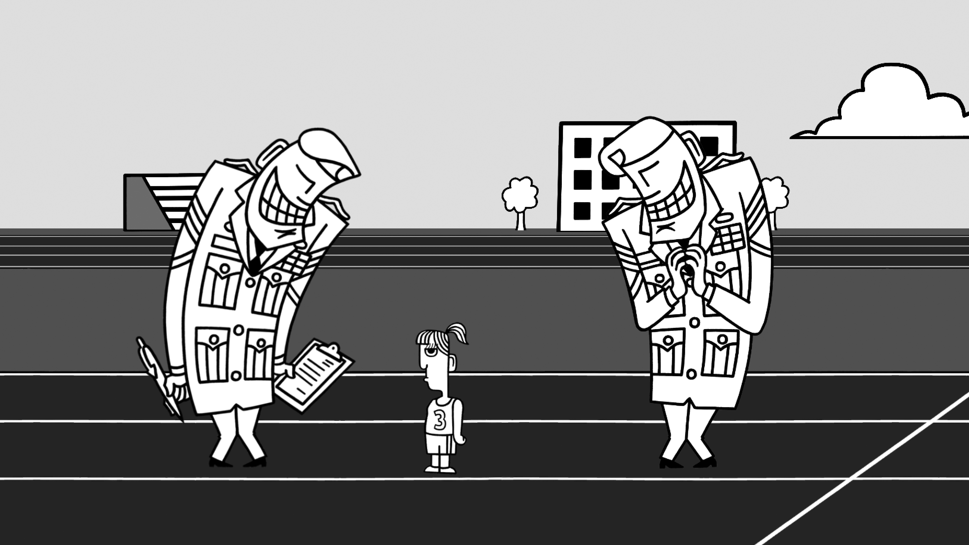 Still from Discharged game: recruiters show up at highschool track meet