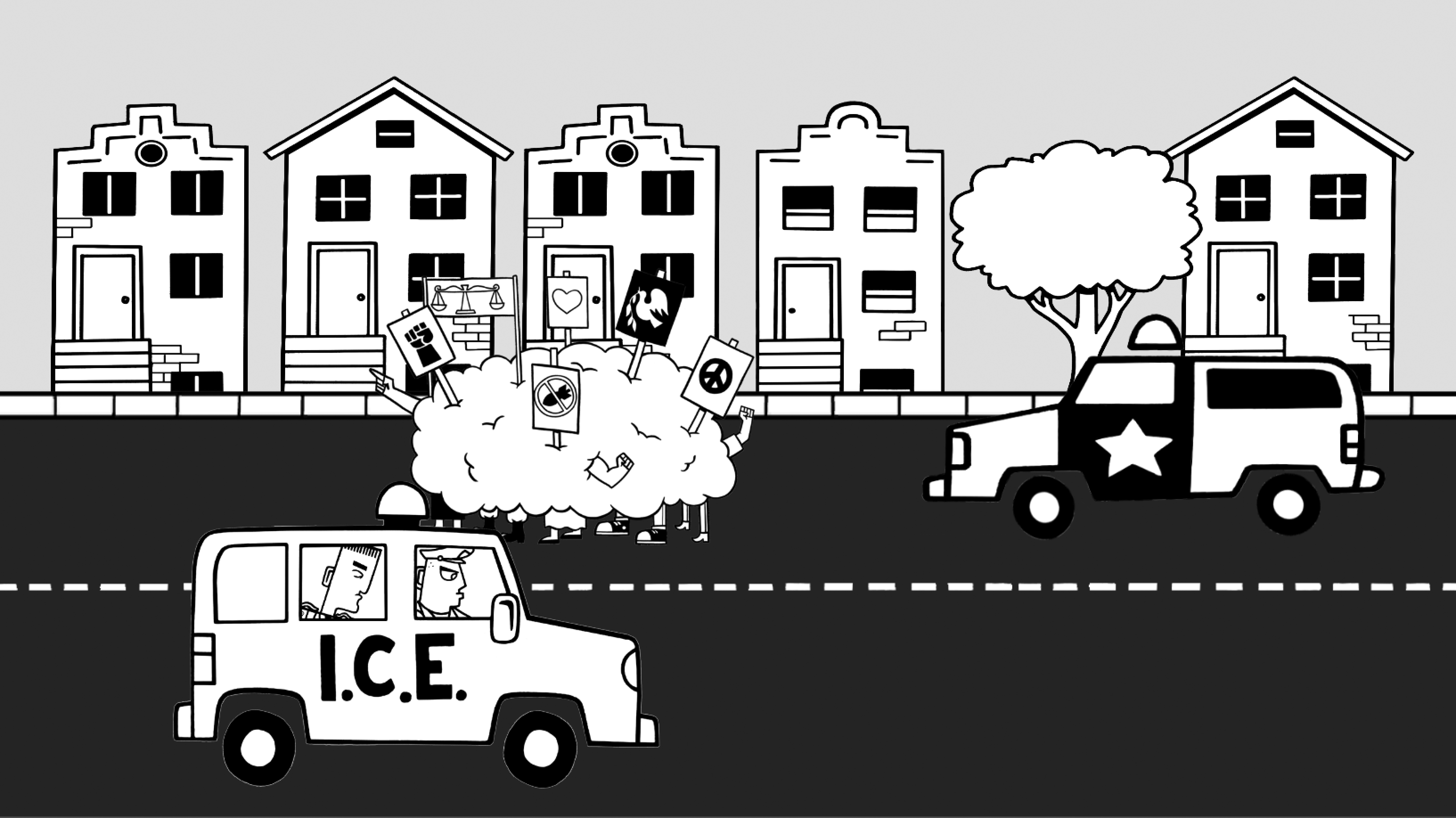 Still from Discharged game: ICE vehicle and protestors